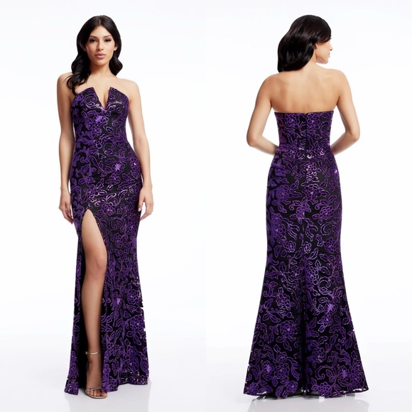 Dress the Population Strapless Mermaid Purple Velvet and Sequins Fernanda Gown - Picture 1 of 5